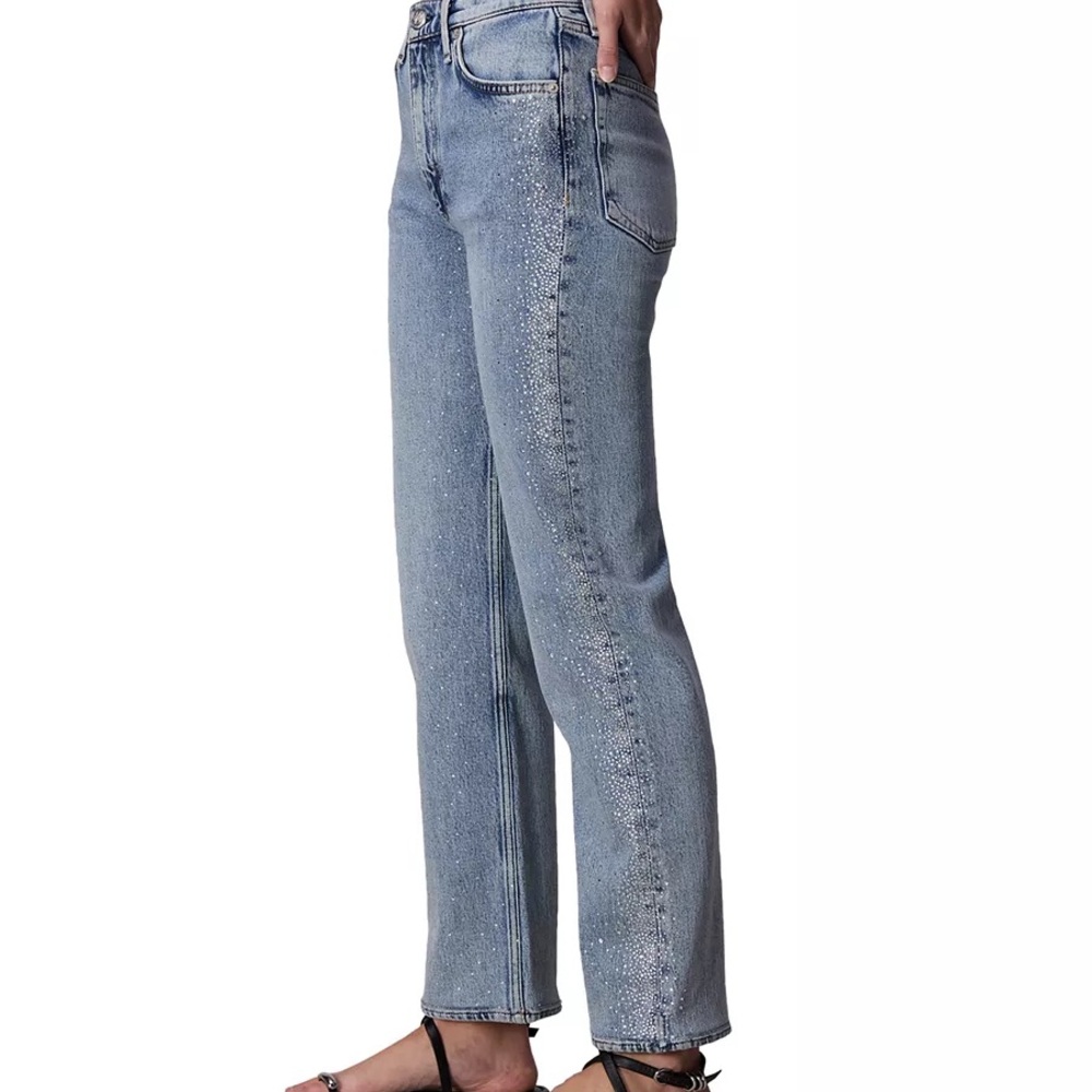 NWT $348 rag & bone Harlow Light Blue Straight Leg Ankle Jeans w Crystals - 31